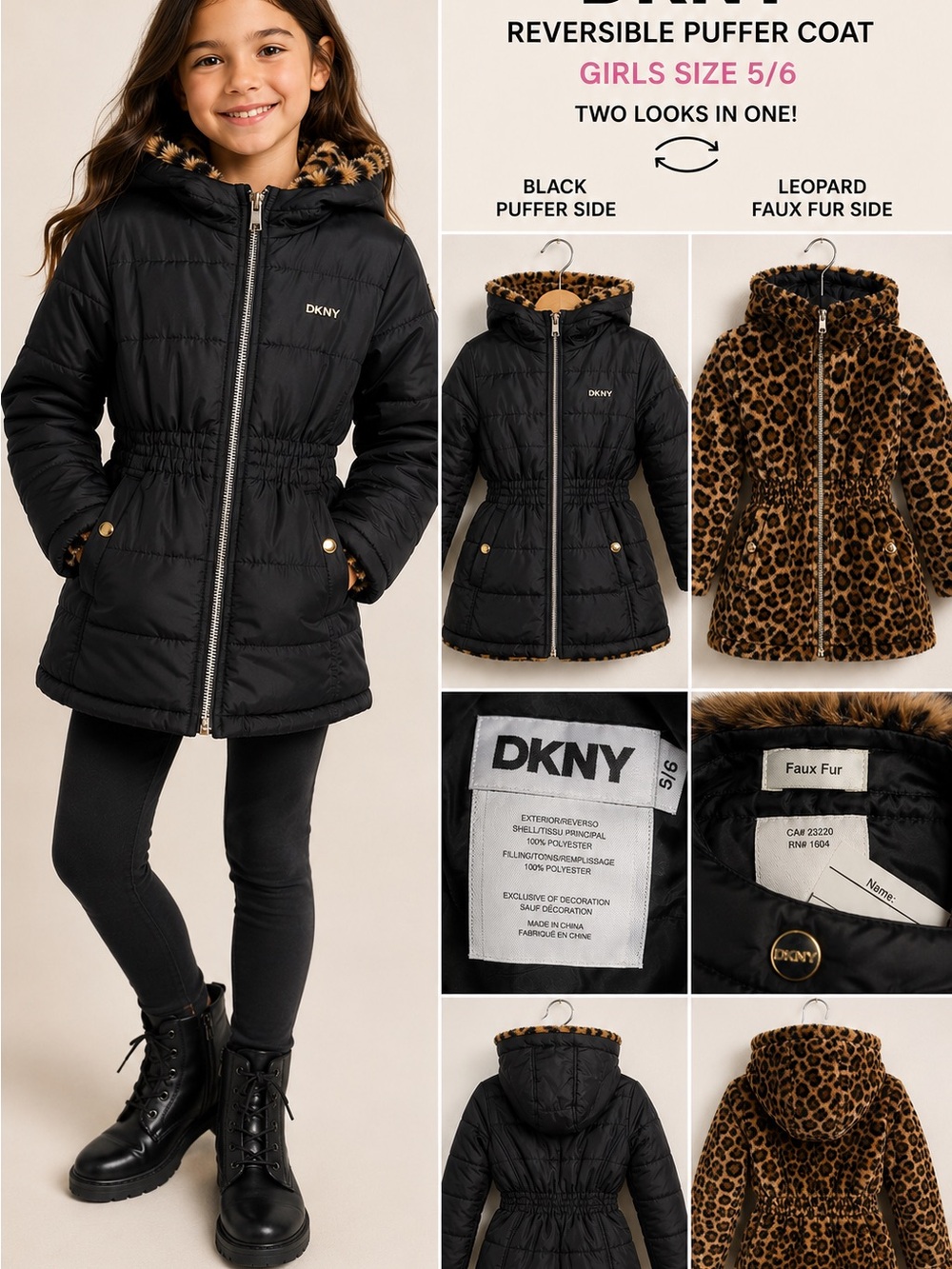 NWT DKNY Girls Reversible Leopard Print Puffer Coat Size 5/6